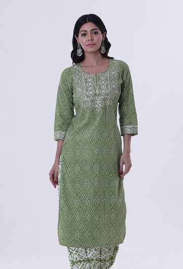 Green & White Color Cotton Block Printed Kurta
